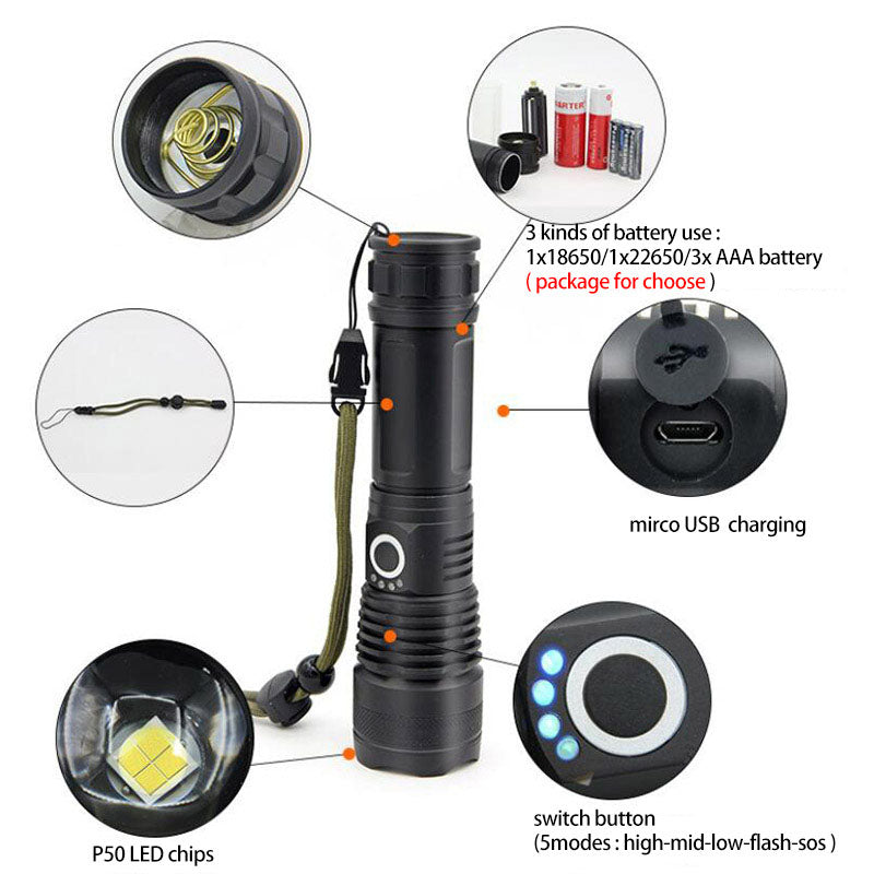 P50 USB Rechargeable Zoom Flashlight
